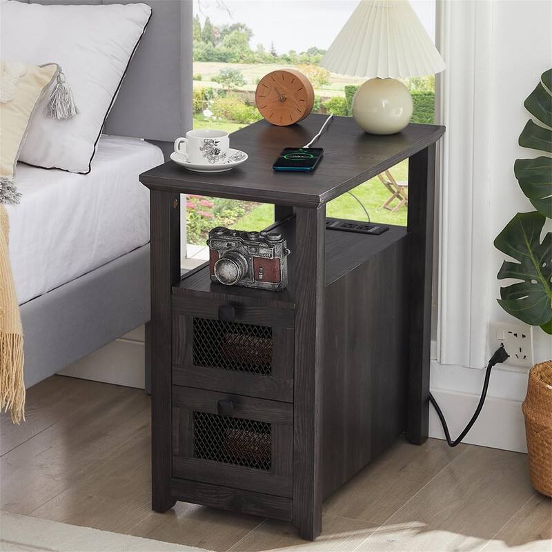 End Table with Charging Station - 13.78"D x 23.6"W x 24.8"H - Grey