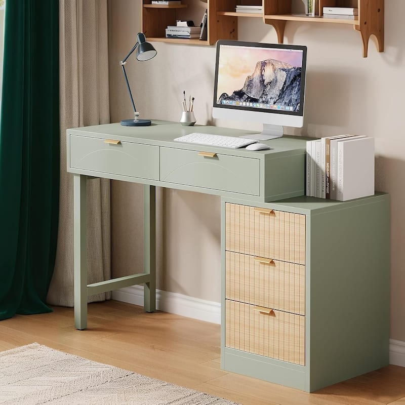 Reversible Wood Computer Desk with 5 Drawers, Small Writing Desk Study Corner Table Workstation for Home Office, Small Spaces