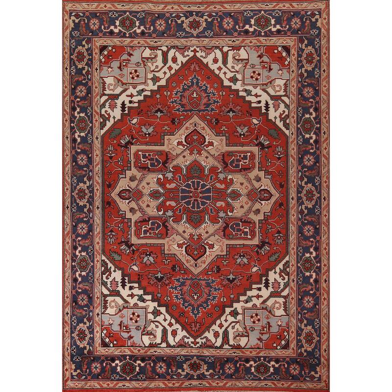 Orange Geometric Heriz Serapi Indian Area Rug Hand-Knotted Wool Carpet - 9'0"x 11'9"