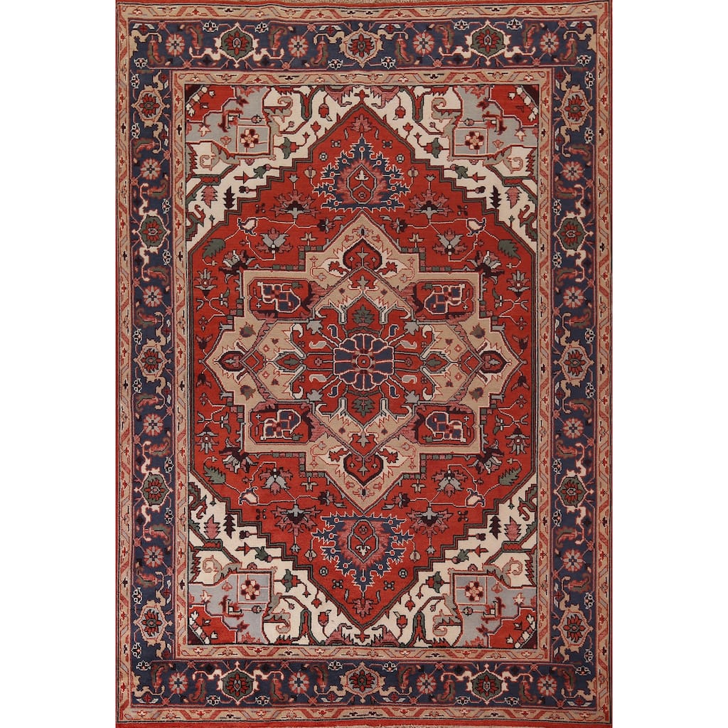 Orange Geometric Heriz Serapi Indian Area Rug Hand-Knotted Wool Carpet - 9'0"x 11'9"