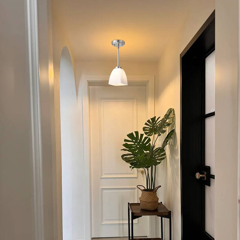 1-Light Brushed Nickel Mini Pendant with Pyramid Shaped Etched White Glass Shade