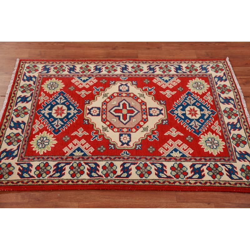 Red Kazak Foyer Rug Handmade Geometric Wool Carpet - 2'11"x 3'11"