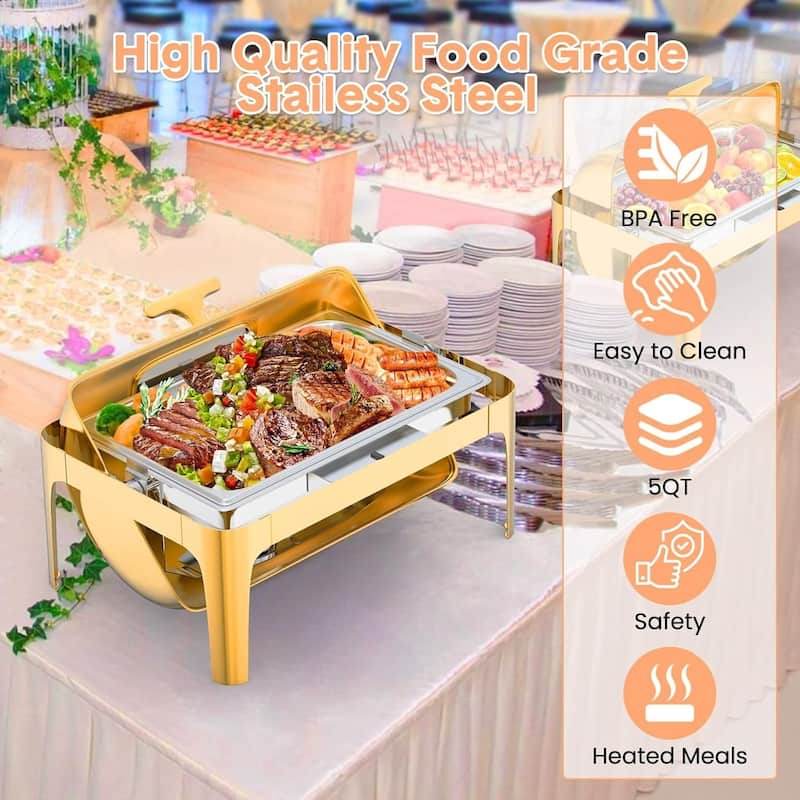 9QT Roll Top Chafing Dish for Buffet Retangle Food Warmer Server with Visible Lid Water Pan Stand Fuel Holder Clip - 9L