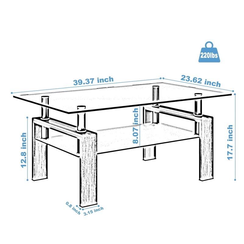 Modern 2-layer Glass Coffee Table with Metal Tube Frame