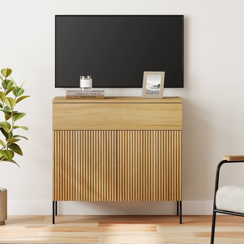 31.5" Modern Reeded TV Stand With Doors, Entertainment Center With Shelf, Wooden TV Console - 1PC - Oak