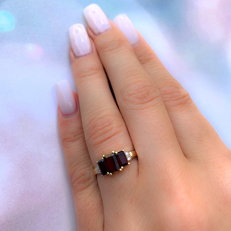 Miadora 10k Yellow Gold Garnet and Diamond 3-stone Ring