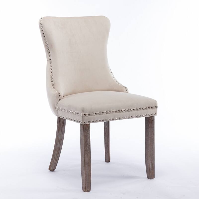 Modern Velvet Upholstered Wing-Back Dining Chair with Nailhead Trim/Solid Wood Legs-Set of 2-Beige