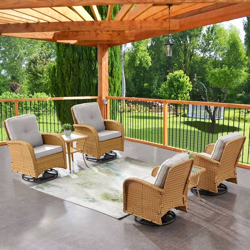 Gymojoy Ergonomic Swivel & Glider / Rocking Chair Set with Side Tables Outdoor Patio Furniture Set - 6-Piece - Swivel Chair - Yellow Wicker / Beige Cusion