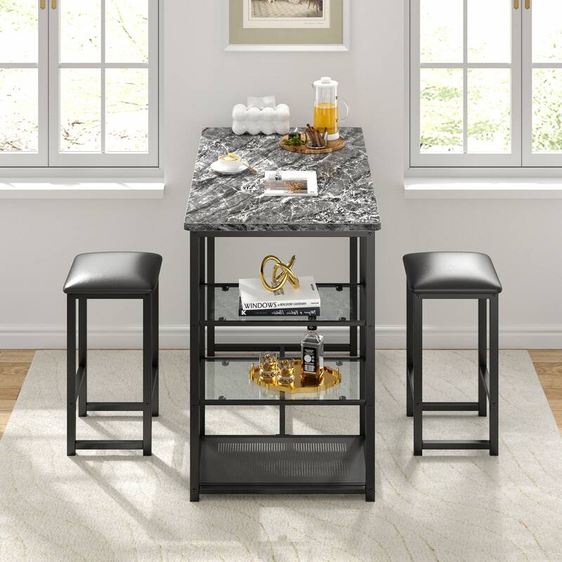 Javlergo 3-Piece Dining Table Set with 2 Backless PU Padded Chairs Space Saving Design Pub Set White/Oak & Black/Marble Options