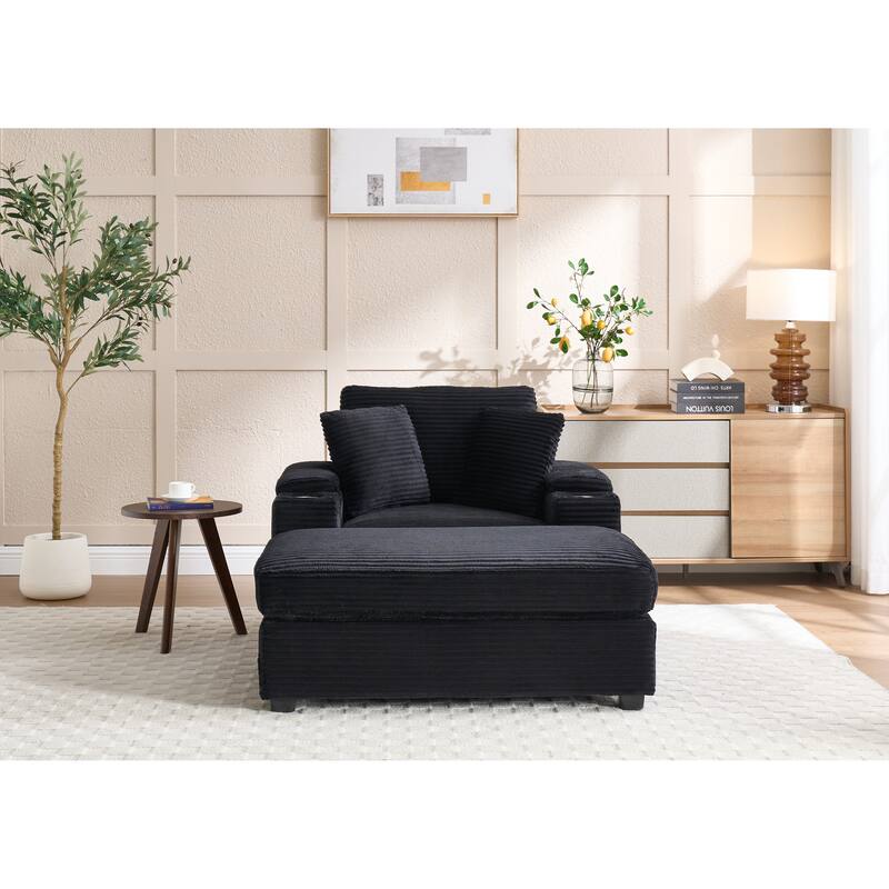 Corduroy Upholstered Chaise Lounge with Movable Ottoman, Living Room Storage Sofa Chair with Cup Holder, Detachable Cushions