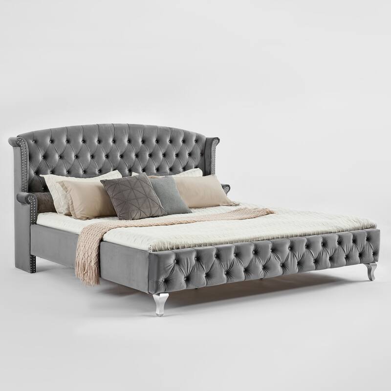 Christopher Knight Home - Larkswood Velvet Upholstered King Size Bed Frame with Wingback Headboard