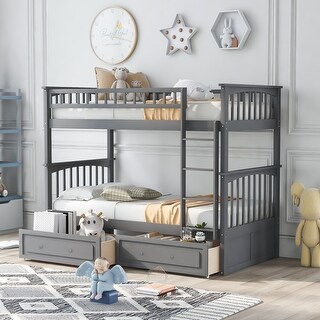 Twin over Twin Wood Bunk Bed with Drawers, Grey