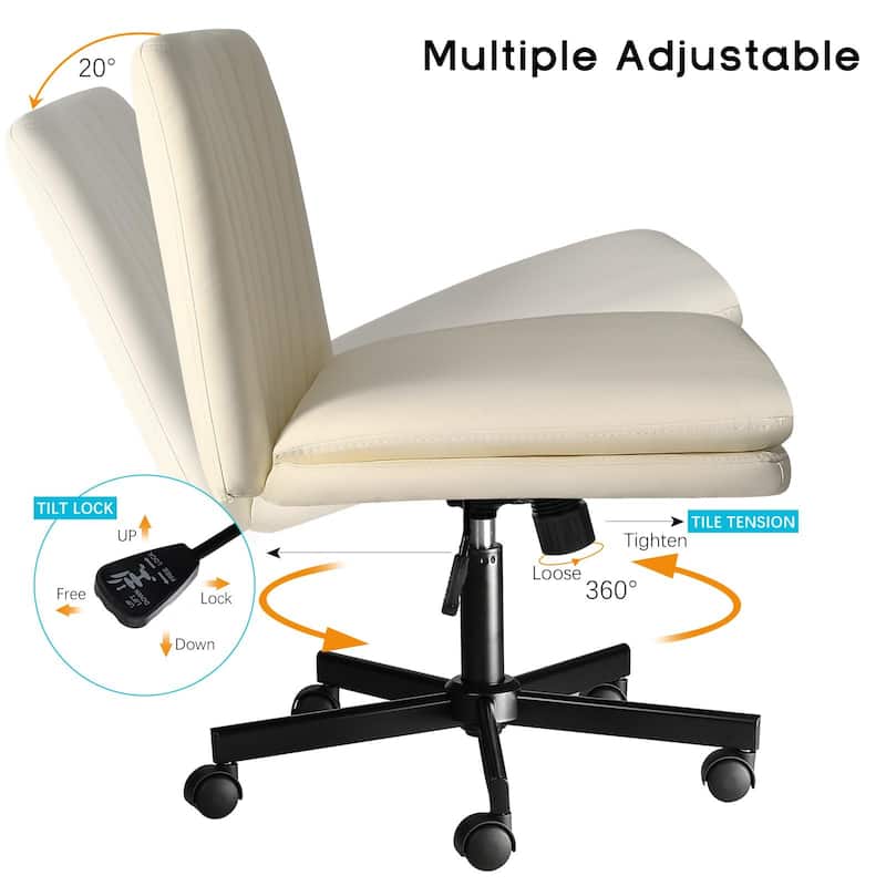 Bossin Criss Cross Chair with Wheels,PU Leather Armless Cross Legged Office chair, Adjustable Wide Seat Task Vanity Chair