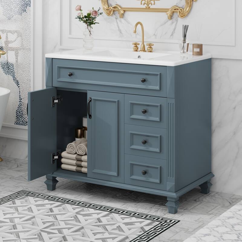 Roomfitters 36" Bathroom Vanity with Sink, Flip-Out Drawer, 3 Drawers, Soft-Close Doors, Solid Wood Cabinet
