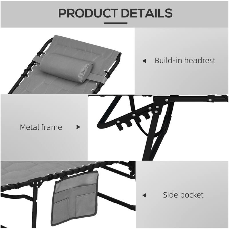 Folding Tanning Chair Set of 2, Outdoor Recliner Lounge Chairs with Pillow, Storage Pocket & Adjustable Backrest