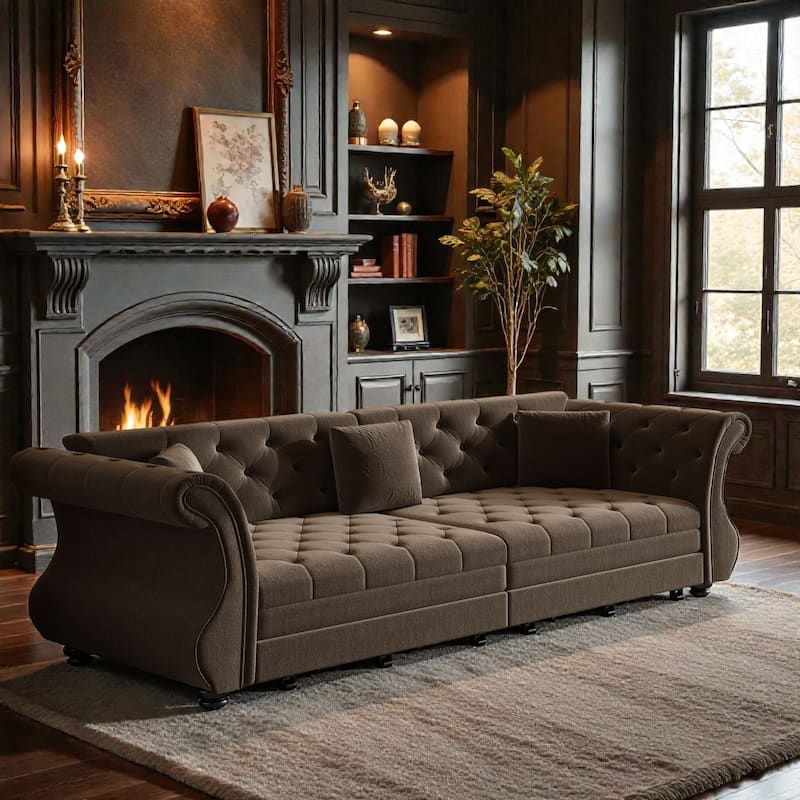 97.6 Inch Chesterfield Pull Out Sofa Bed, Velvet Roll Arm Couch with Flower Tufting, Convertible Sleeper - Brown