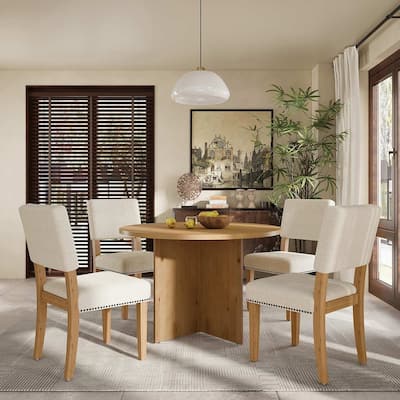 Modern 5-Piece Round Dining Table Set Pedestal Kitchen Table Set with 4 Upholstered Dining Chairs