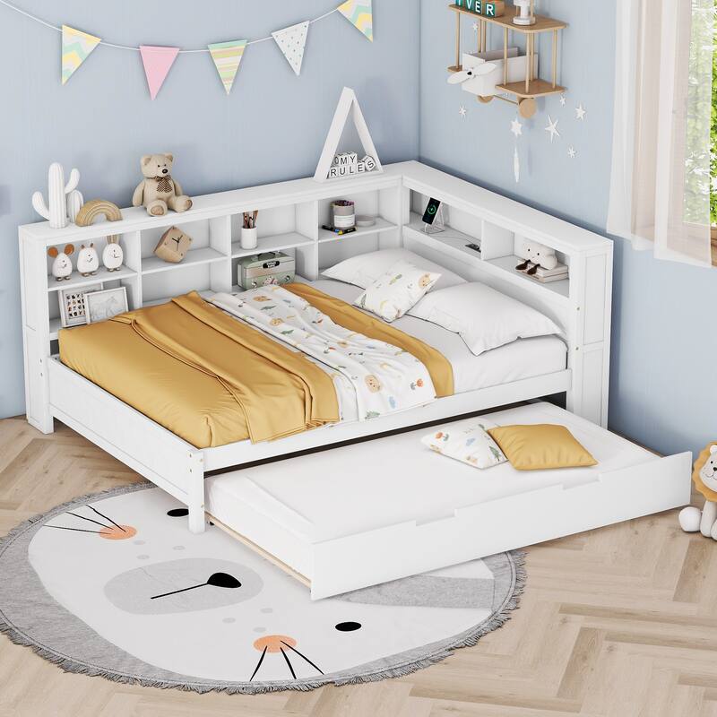 Wooden Twin/Full Daybed with Pull-Out Trundle, Storage Shelf, and USB Charging Station for Modern Bedroom