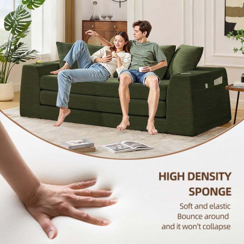 2-in-1 Convertible Corduroy Sofa Bed Folding Sleeper Loveseat Couch Full Floor Bed with Pillows, Storage Pockets and Cup Holders