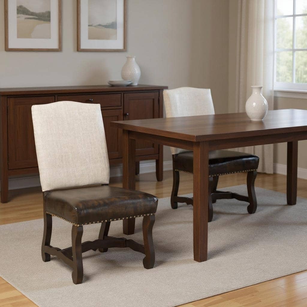 HomeRoots Set of Two Cream and Dark Brown Wood Leather And Linen Dining Side Chairs - 22 in. x 41.5 in. x 24 in.