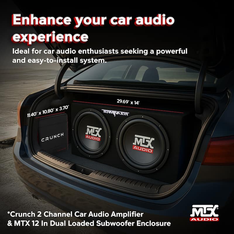Crunch 2 Channel Car Audio Amplifier & MTX 12 In Dual Loaded Subwoofer Enclosure - 8