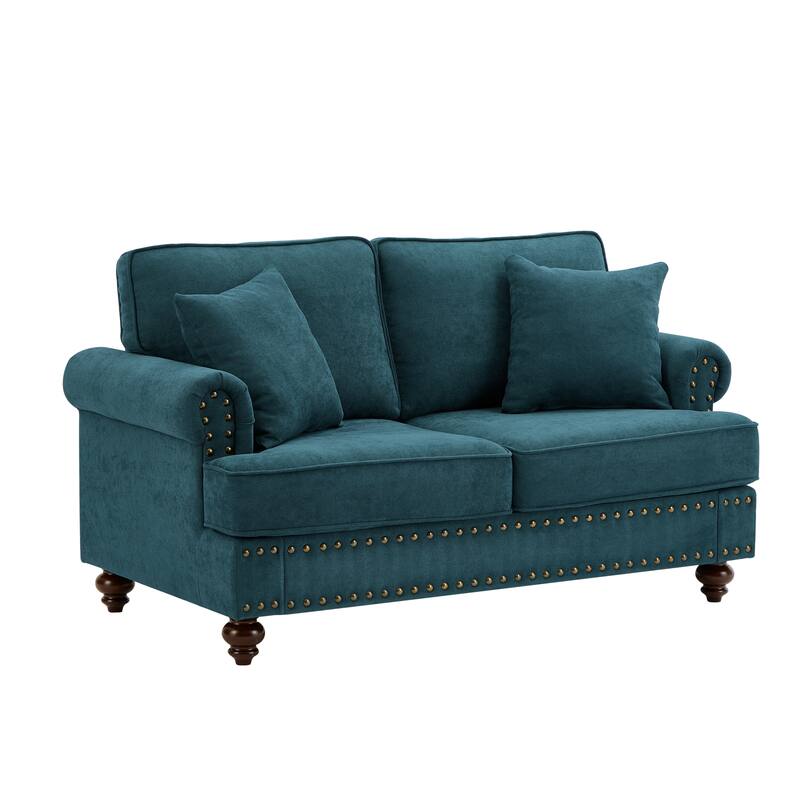 Green 60" Modern Chenille 3-Seater Sofa with Brown Legs, 2 Pillows, and Removable Back Cushions