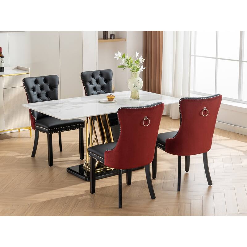 Set of 2 PU and Velvet Upholstered Dining Chairs with Nailhead Trim and Wooden Legs