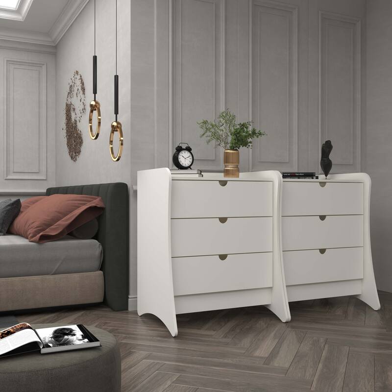 Manhattan Comfort Coney Mid-Century Modern 3-Drawer Dresser Set of 2 - White