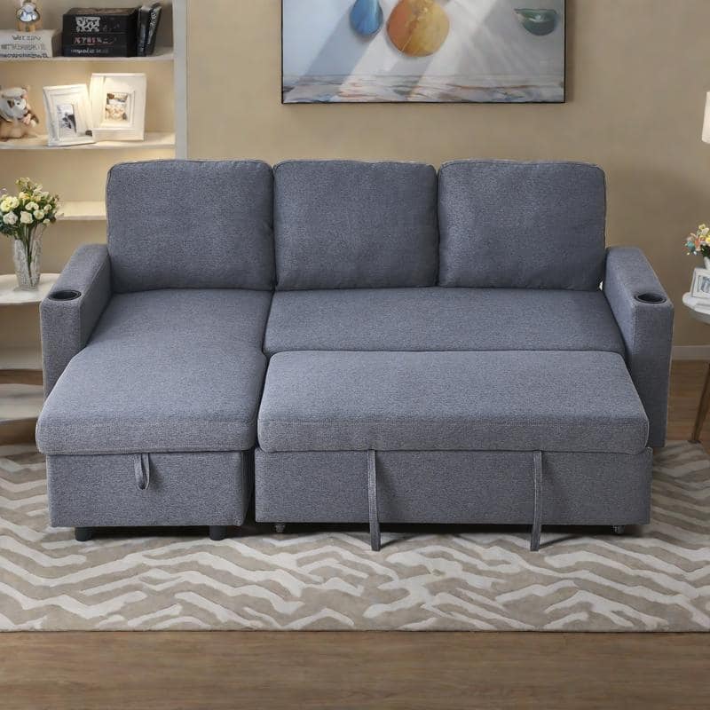 78.5" Linen L-Shaped Convertible Sofa Bed with Pull-Out Sleeper, Reversible Design & Storage Ottoman