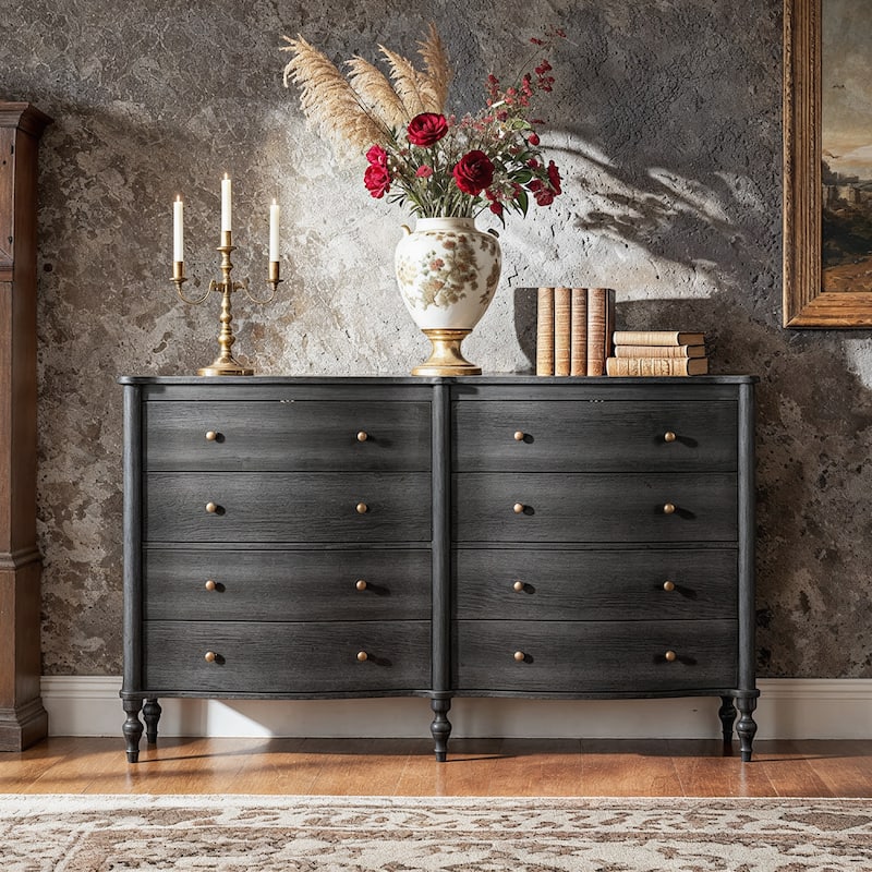 Elegant 8-Drawer Dresser with Solid Wood Legs, Vintage Curved Front Chest of Drawers for Bedroom Storage