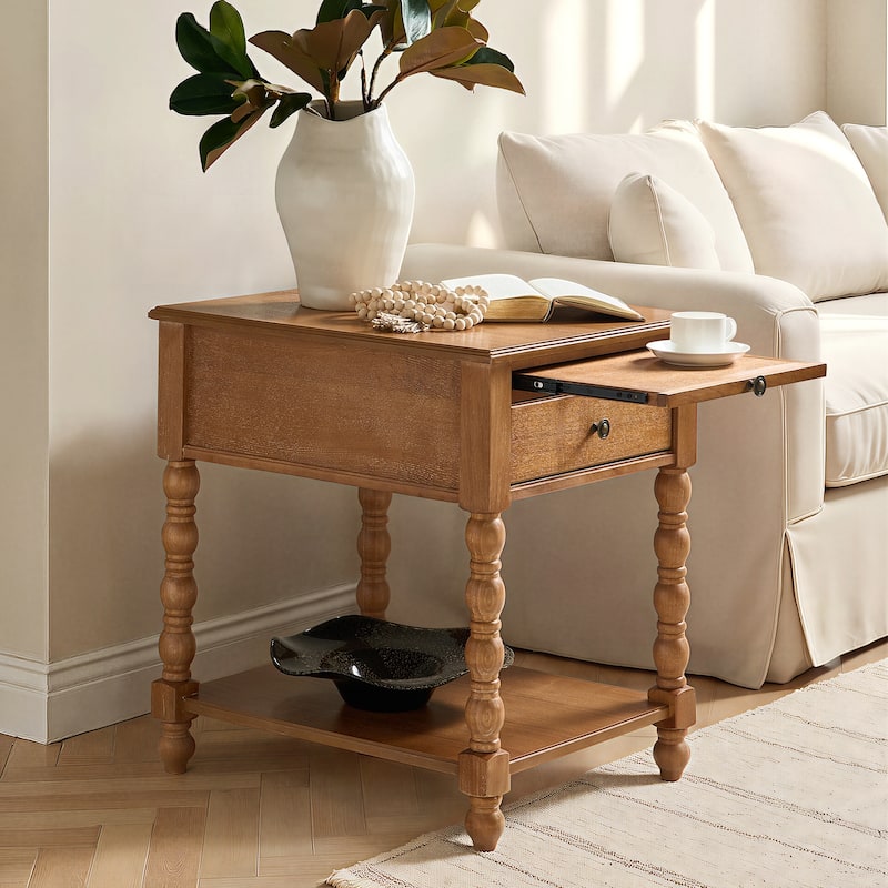 HULALA HOME Eric Traditional 26" Tall Solid Wood End Table with Built-in Charging Station and Extendable Tray