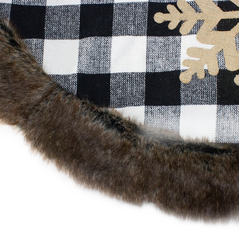 48" Black and White Buffalo Plaid Christmas Tree Skirt with Burlap Snowflake - 48