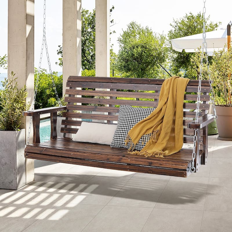 Carbonized Brown Cedar Wood Porch Swing with Chains and 880lb Load Capacity - 54” L x 28” W x 23.6” H