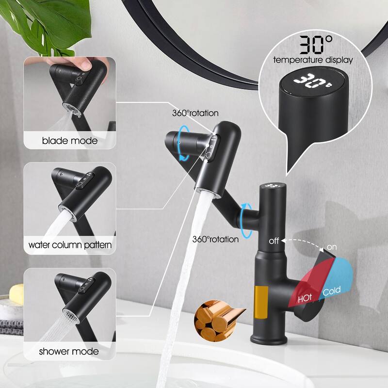 Single Handle 360° Swivel Bathroom Sink Faucet with Spray Function and Temperature Display, Anti Corrosion and Anti Rust