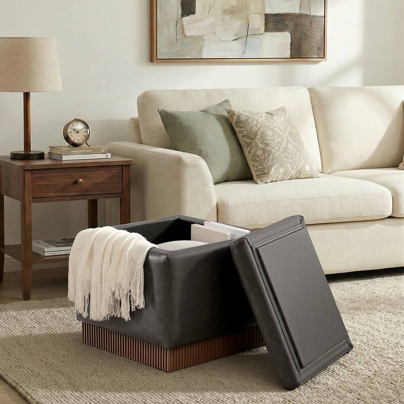 Swivel Storage Ottoman Bench Footstool with Flip-top and Acacia Solid Wood Frame, Fully Assembled