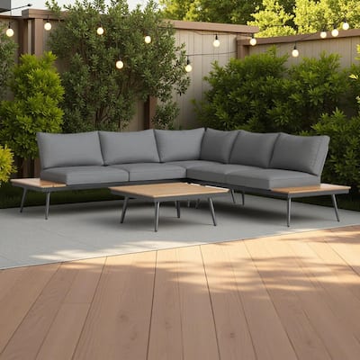 4-Piece Outdoor Patio Aluminum L-Shaped Sectional Sofa Set with Coffee Table and Side Table