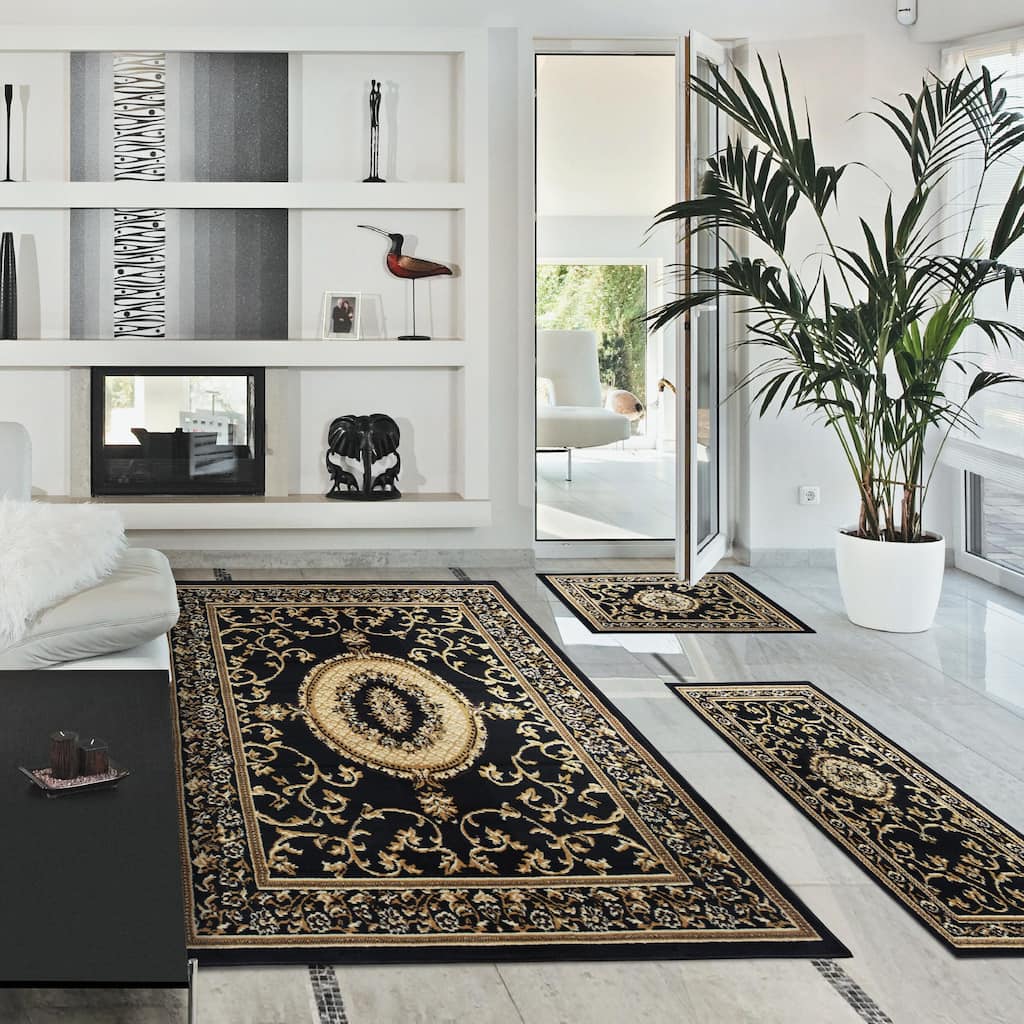 Formal Floral Scroll Vines Border Indoor 3-Piece Area Rug Set by Superior