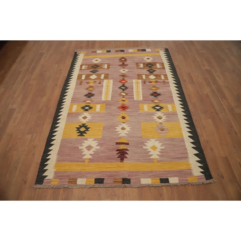 Hand Woven Oriental 100% Wool Carpet Southwestern Tribal Pink Kilim Area Rug - 5' 7'' X 3' 11''