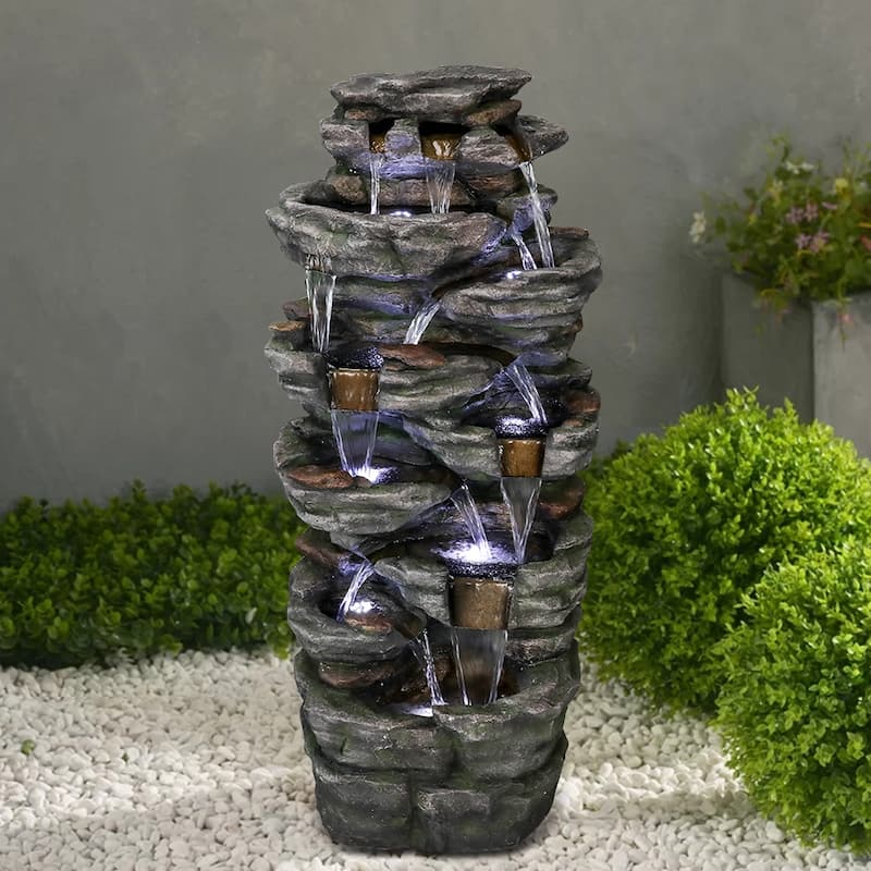 Large Outdoor Water Fountain - 47.2" H 9-Tier Outdoor Garden Fountain - Polyresin - Floor - Grey