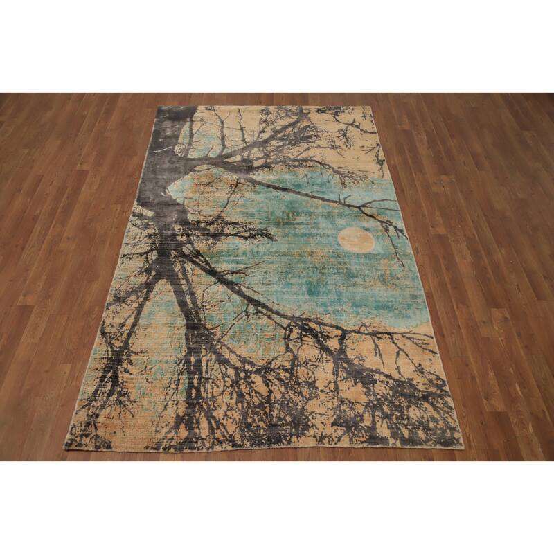 Hand Knotted Oriental Viscose Silk Carpet Modern Pictorial Oranges & Rust Abstract Area Rug - 7' 11'' X 4' 10''