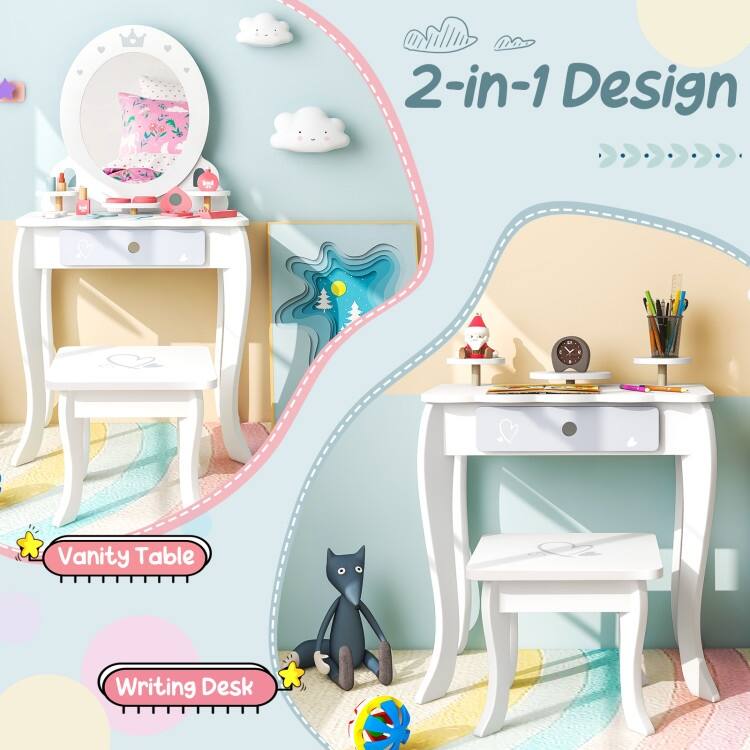 Kids 2-in-1 Princess Makeup Table and Chair Set with Removable Mirror-White - 19.5" x 13.5" x 36.5"
