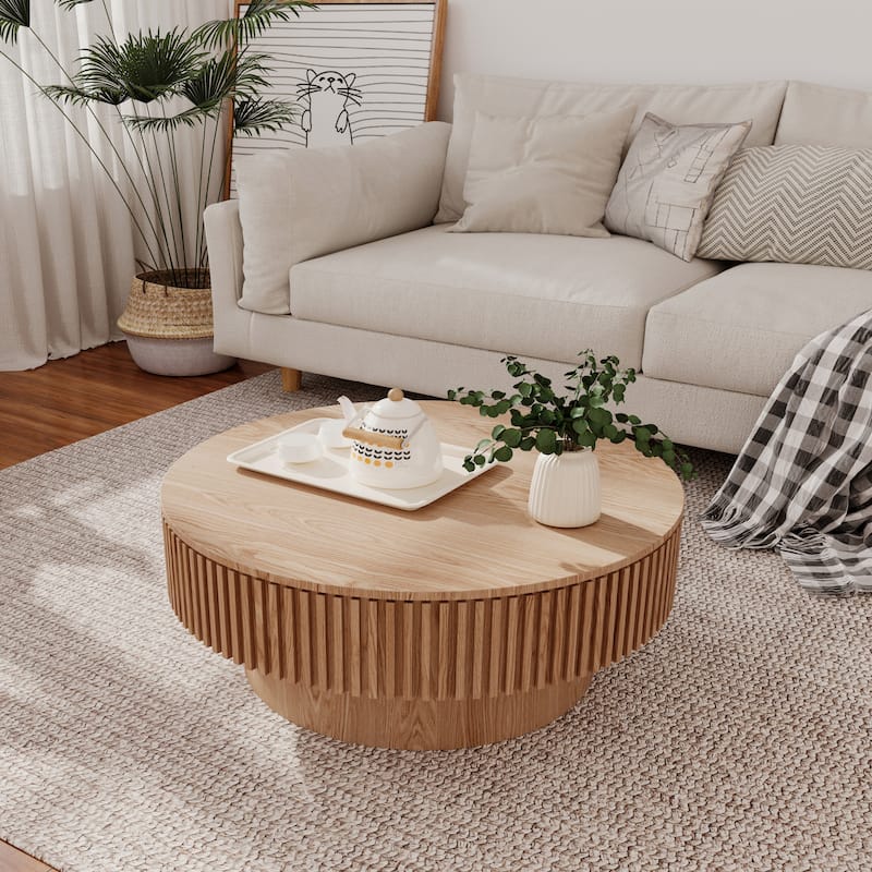 Modern Solid Wood Veneered Round/Oval Coffee Tea Table with Storage