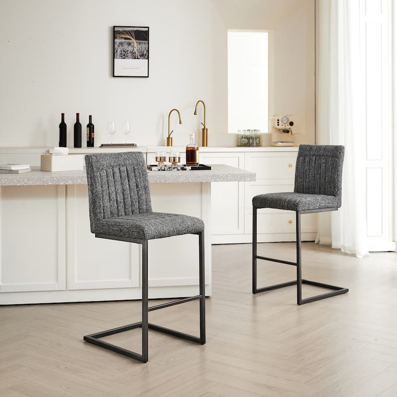 Set of 2 Bar Stools, Speckled Gray Textured Fabric with Vertical Tufted Backrest & Black Metal Frame