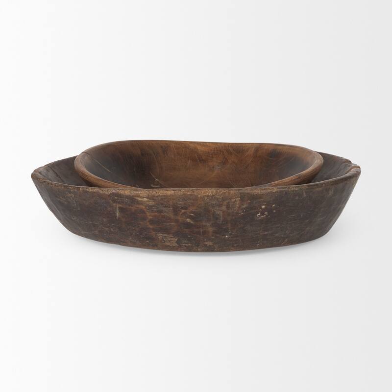 Nikita Set of 2 Large Black-Brown Reclaimed Wood Bowls - 20.0L x 20.0W x 5.0H