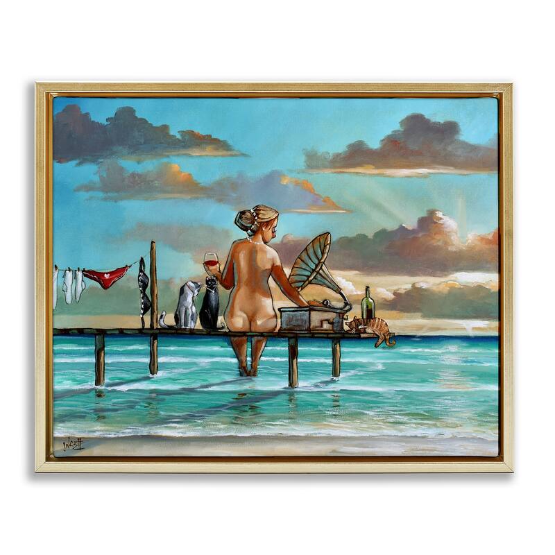 Stupell Woman & Cats Beach Sunset Framed Floater Canvas Wall Art Design By Ronald West - 21 x 17 - Gold
