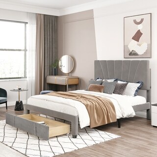 Elegant Queen-Sized Velvet Upholstered Platform Bed with Storage Drawer ...