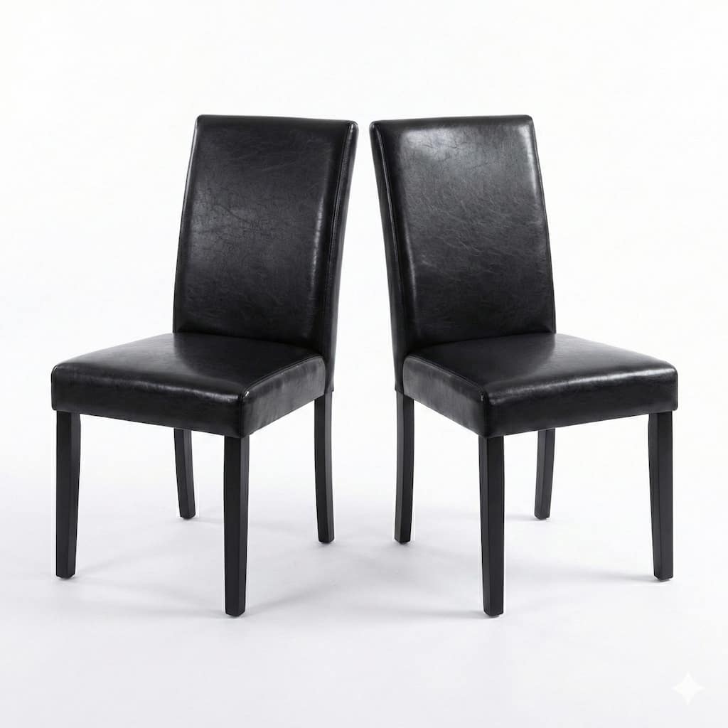 Modern Dining Chairs, Set of 2, Black Finish with Black PU Leather Upholstered Seats Solid Rubberwood