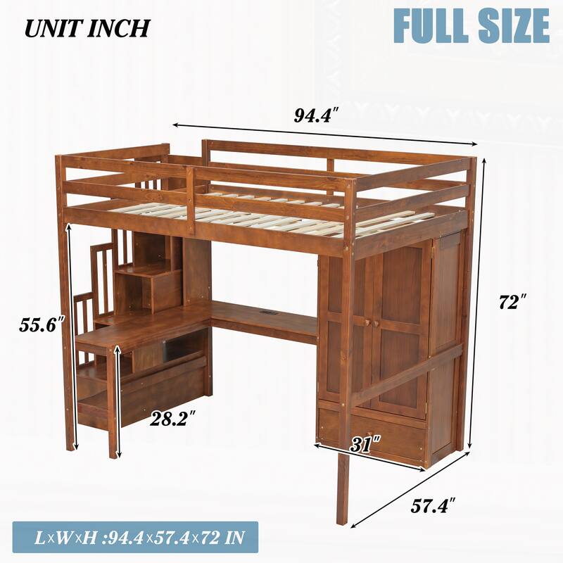 Full Size Loft Wood Bed with Desk, Book shelves and Wardrobe with Doors and Drawer, Built-in Staircase with Storage Shelves