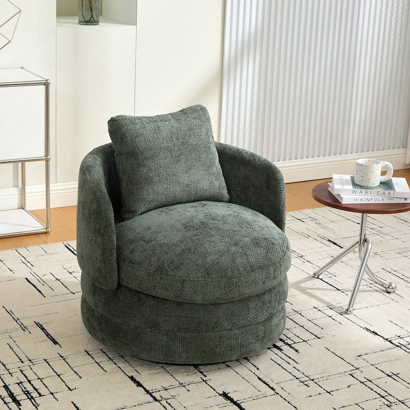 Round Swivel Barrel Chair with Pillow, Comfy Chenille Upholstered Reading Armchair, Ergonomic Single Club Sofa Chair