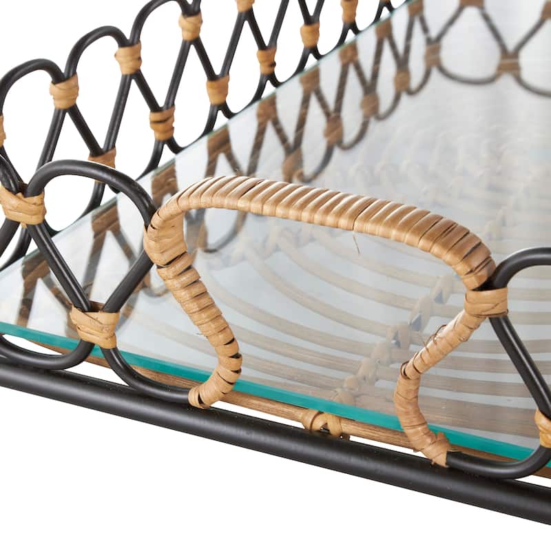 Black Metal Circular Woven Tray with Glass Base